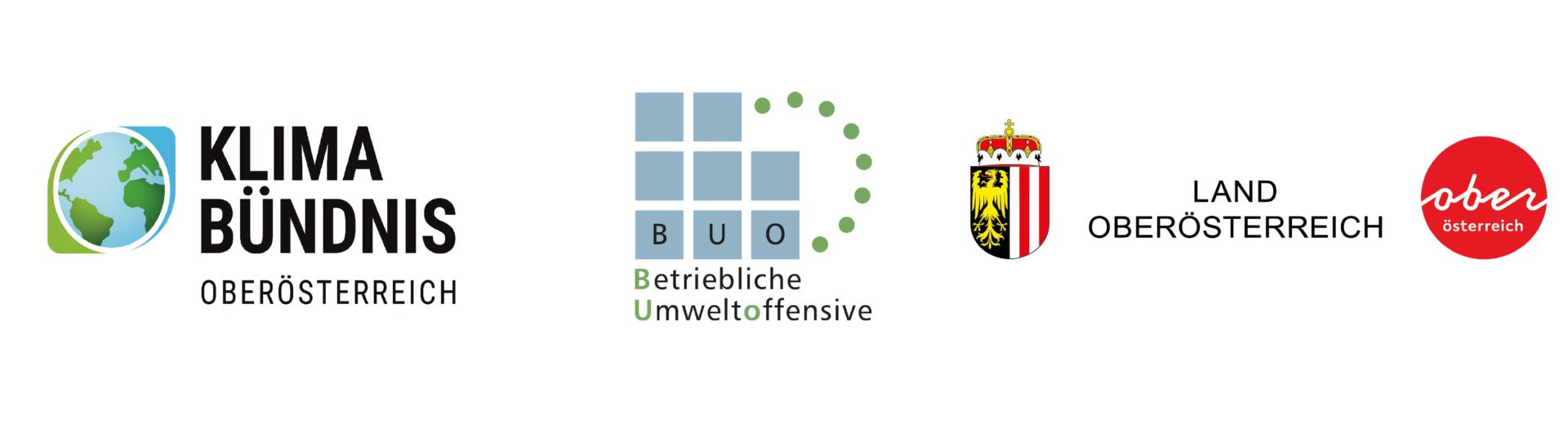 Logos von Klimabündnis, Betriebliche Umweltoffensive (BUO) und dem Land Oberösterrreich