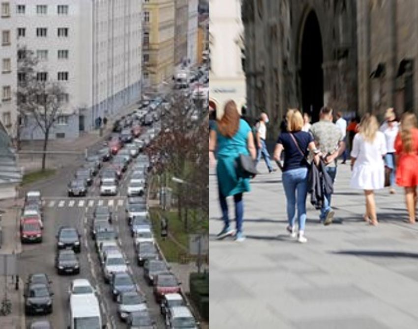 dreispurige Straße voll mit Autos, daneben ein Bild von Menschen in einer Fußgängerzone