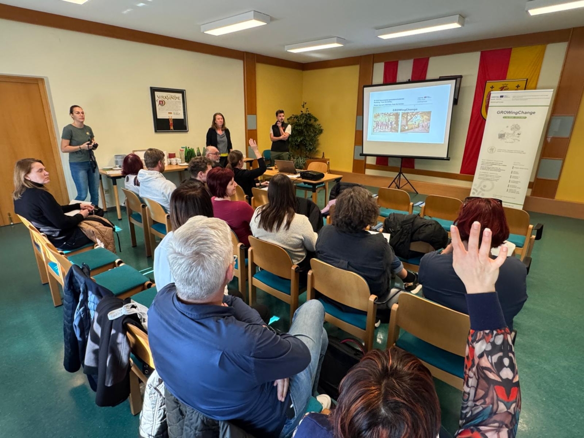 ungefähr fünfzehn Menschen hören bei einem Vortrag zu und melden sich