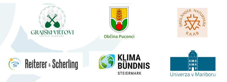 Logos der Projektpartner: Grajski vrtovi d.o.o, Občina Puconci, Univerza v Mariboru, Verein zur Förderung des Naturpark Raab, Reiterer & Scherling GmbH, Klimabündnis Steiermark