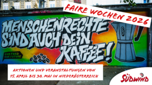 Buntes Graffiti mit Text zu Menschenrechten und Veranstaltungsankündigung