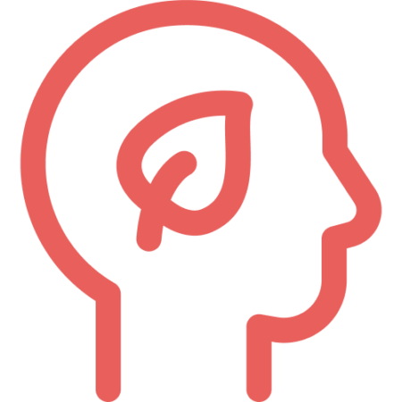 einfache Liniengraphik eines Kopfes in Seitenansicht mit einem Blatt in der Mitte in rosa