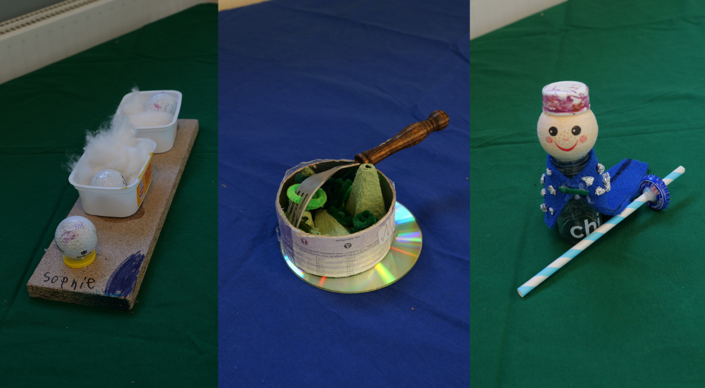 Gebastelten Objekte aus Müll des Medienprojekts