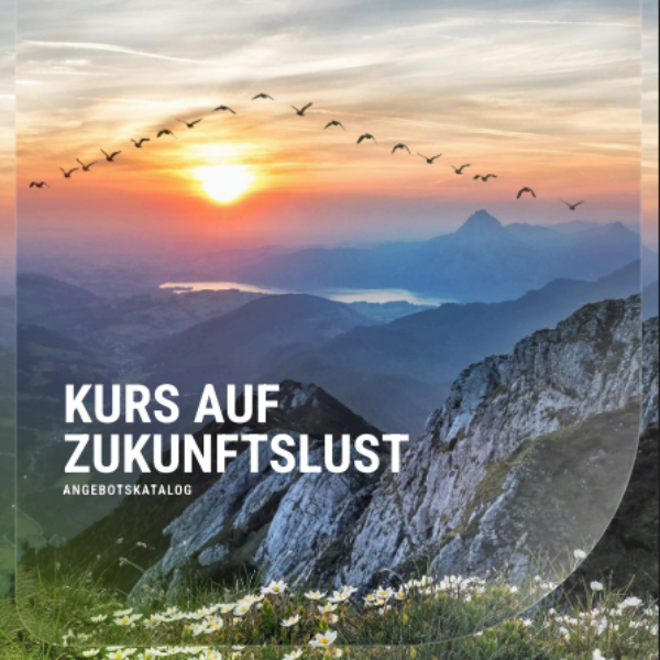 Vögel fliegen in den Sonnenuntergang im Gebirge unten links steht der Text: Kurs auf Zukunftslust
