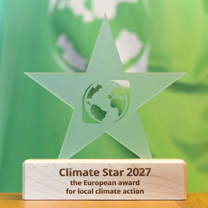 Der Climate Star Pokal mit Holzsockel von einem grünen Hintergrund